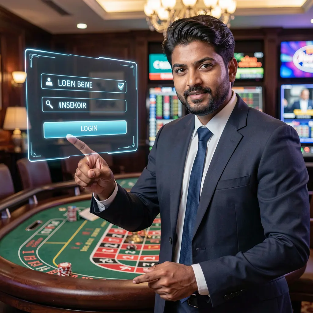 Confident Bangladeshi casino dealer pointing toward a floating holographic login panel with a glowing roulette table behind him at 71OK